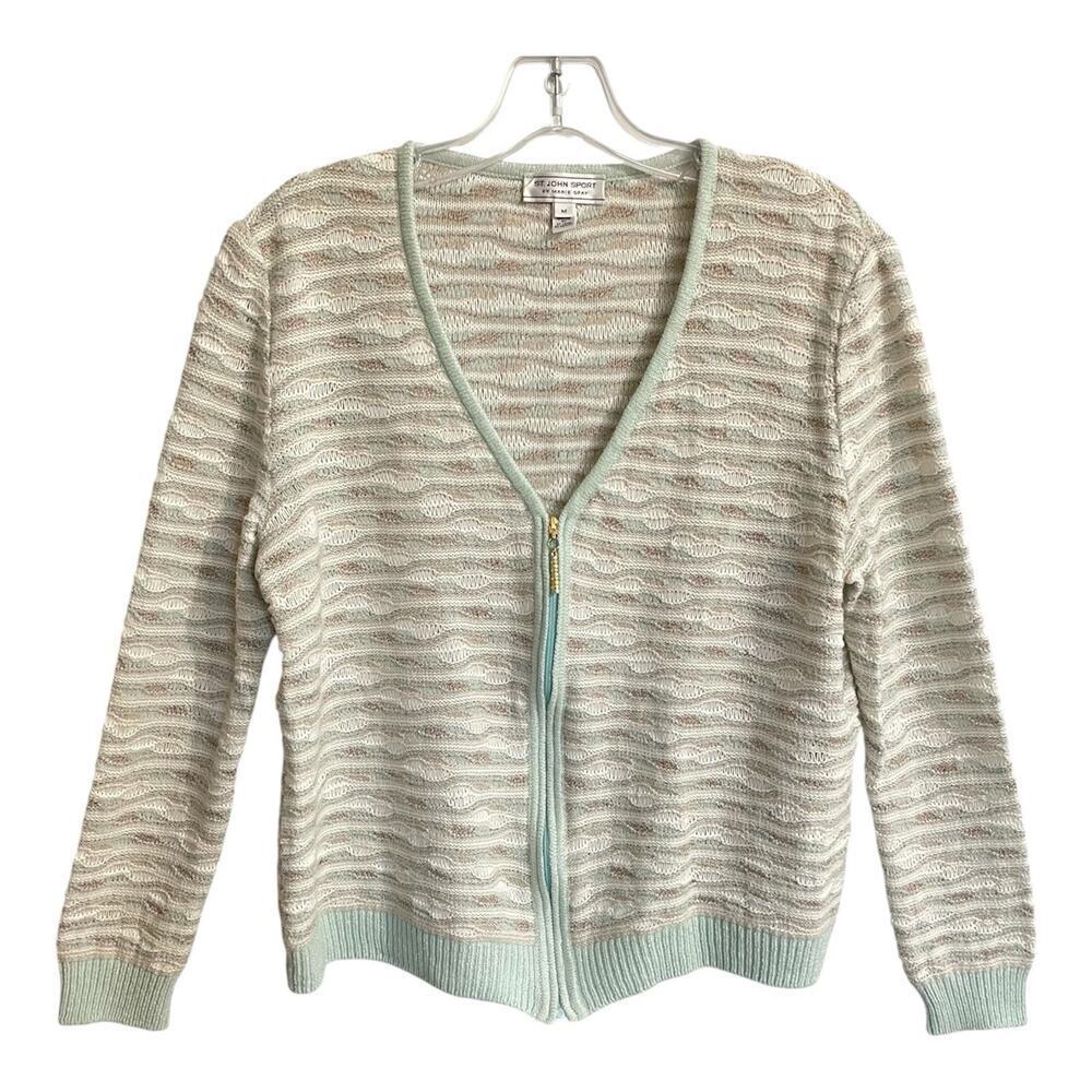 St John Sport Cardigan Sweater Sz Medium Blue White Full Zip Long Sleeve VTG Y2K